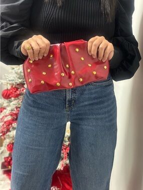 Red Studded Leather Clutch - Women Bags